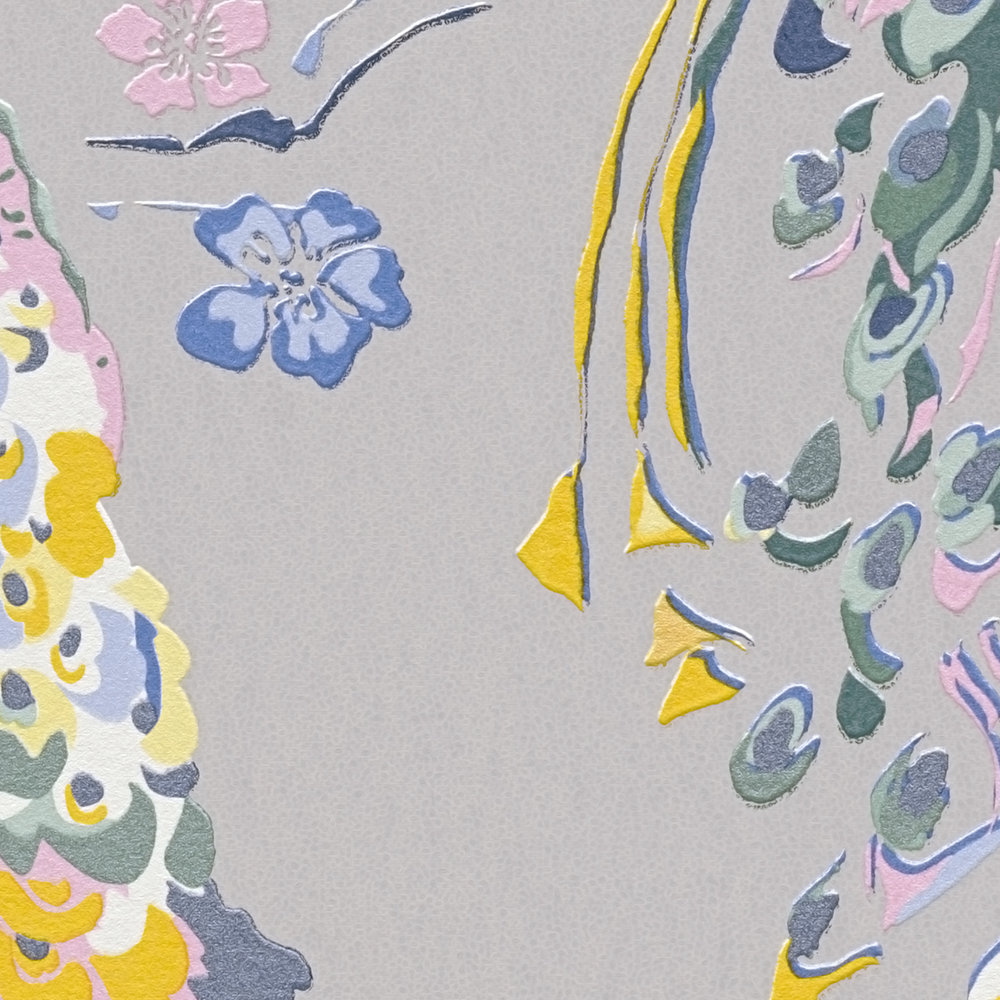             Papier peint intissé avec motif paon et effet brillant - gris, bleu, multicolore
        