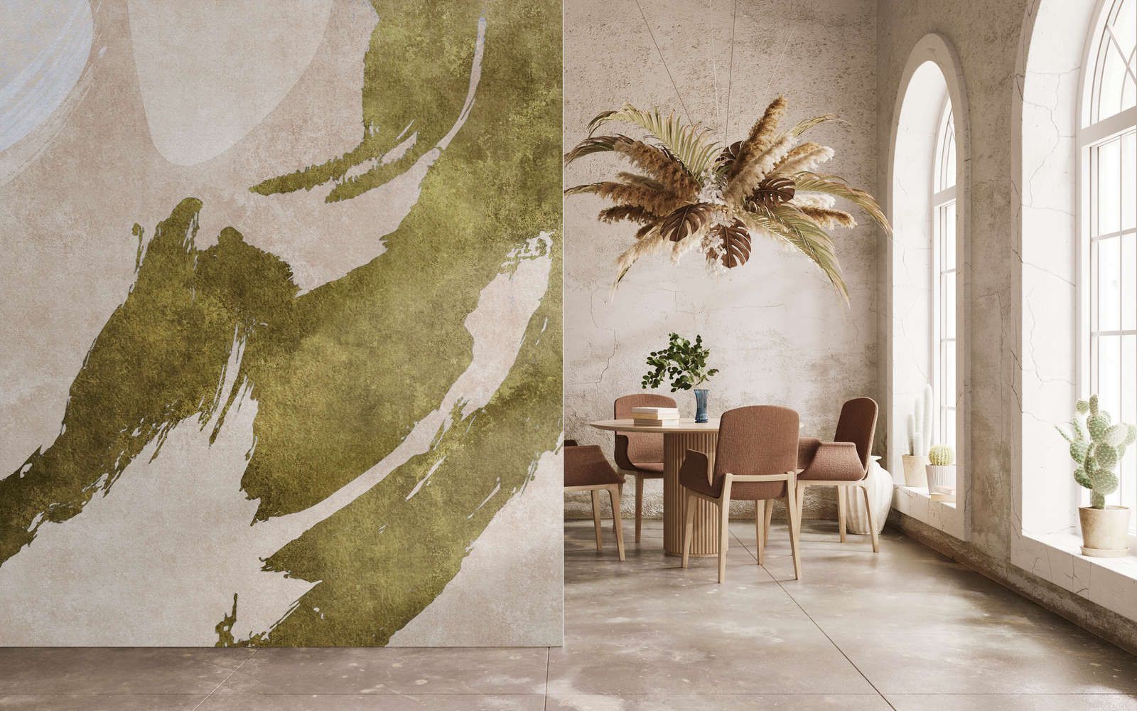             Photo wallpaper »temu« - Brushstrokes with abstract design - Green, cream with vintage plaster texture | Smooth, slightly shiny premium non-woven fabric
        