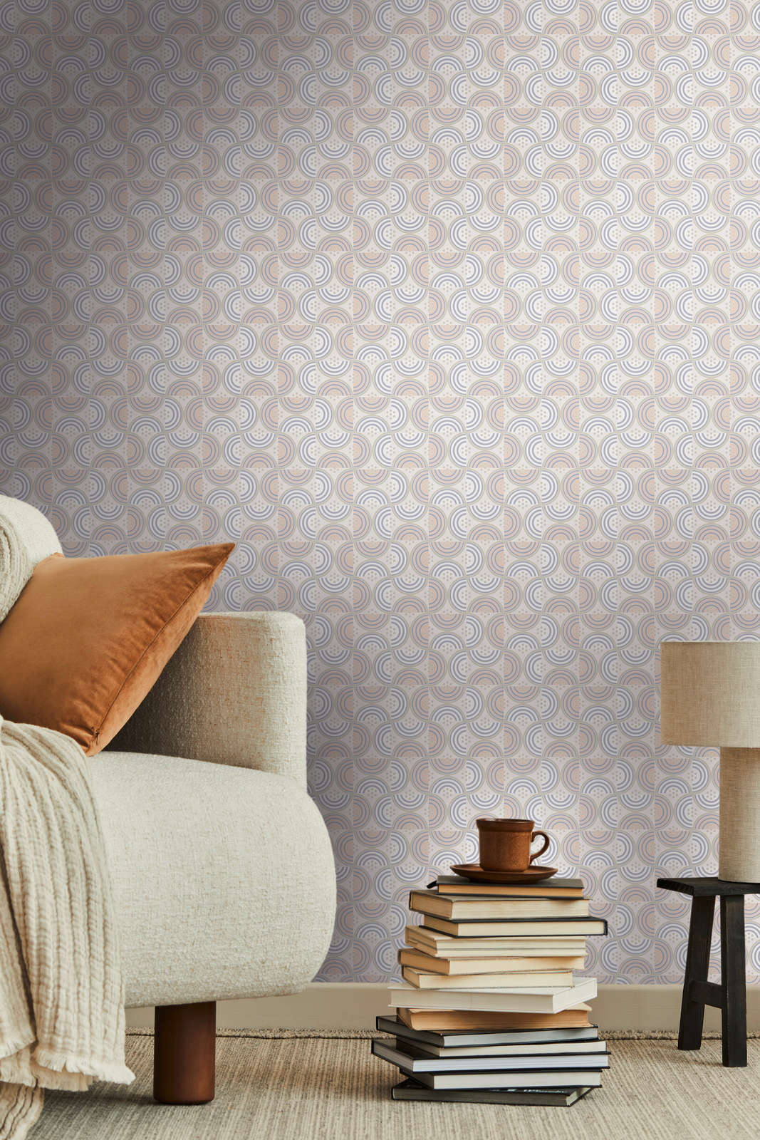             Non-woven wallpaper with geometric pattern in plain colours - orange, grey, beige
        
