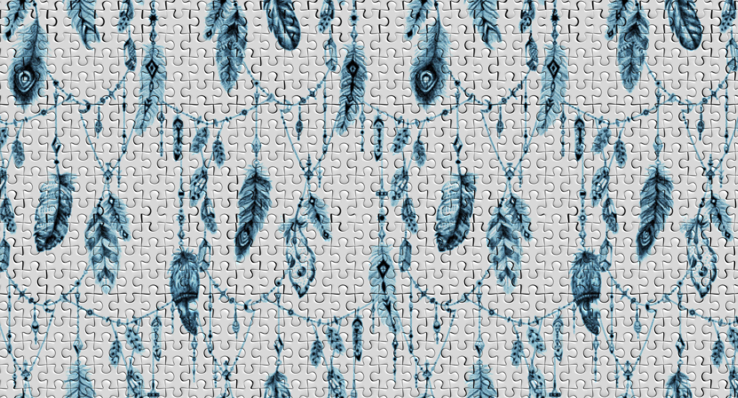             Boho style puzzle mural with feather motif - blue, grey, white
        