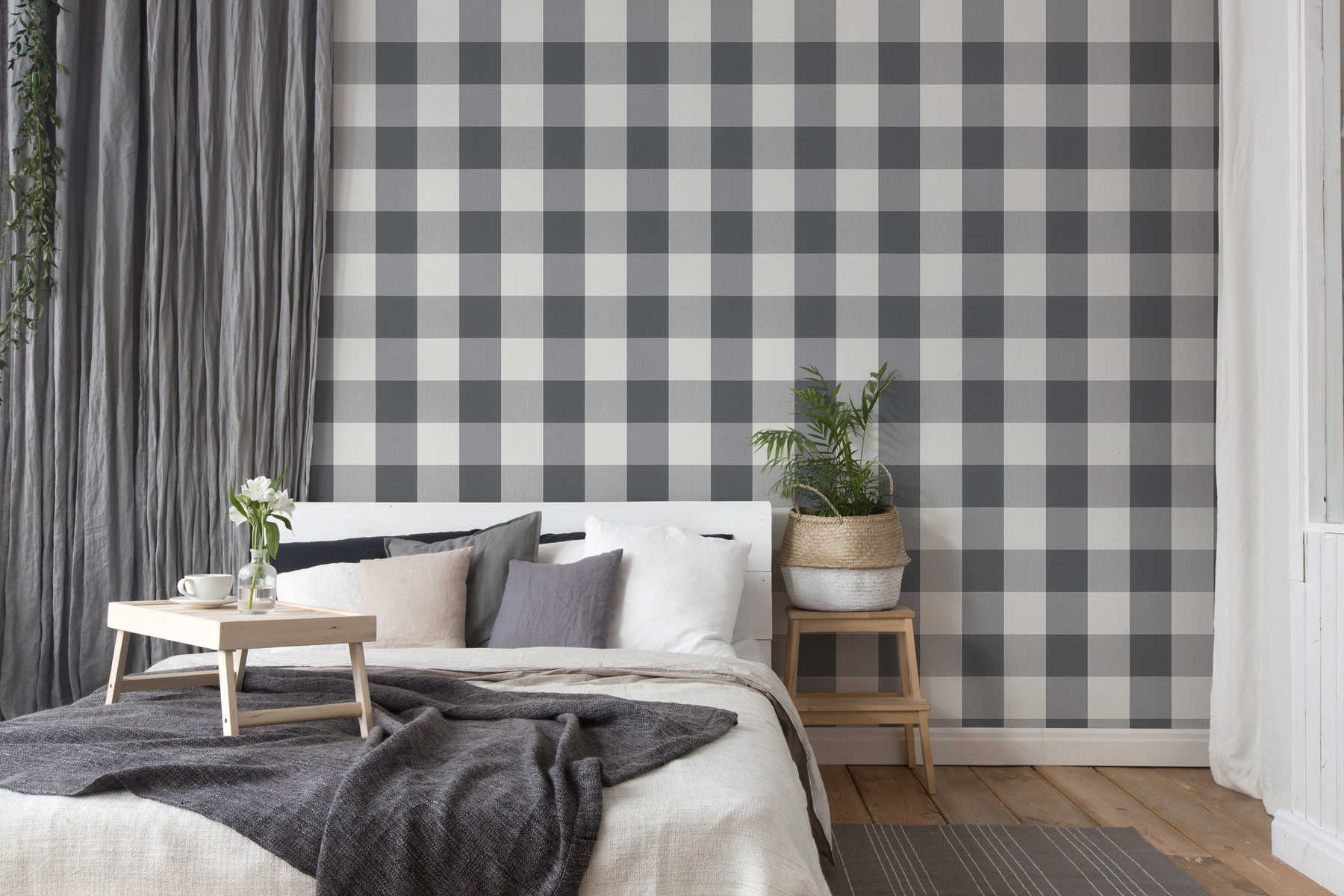             Plaid wallpaper with textile look in harmonious colours - white, grey
        