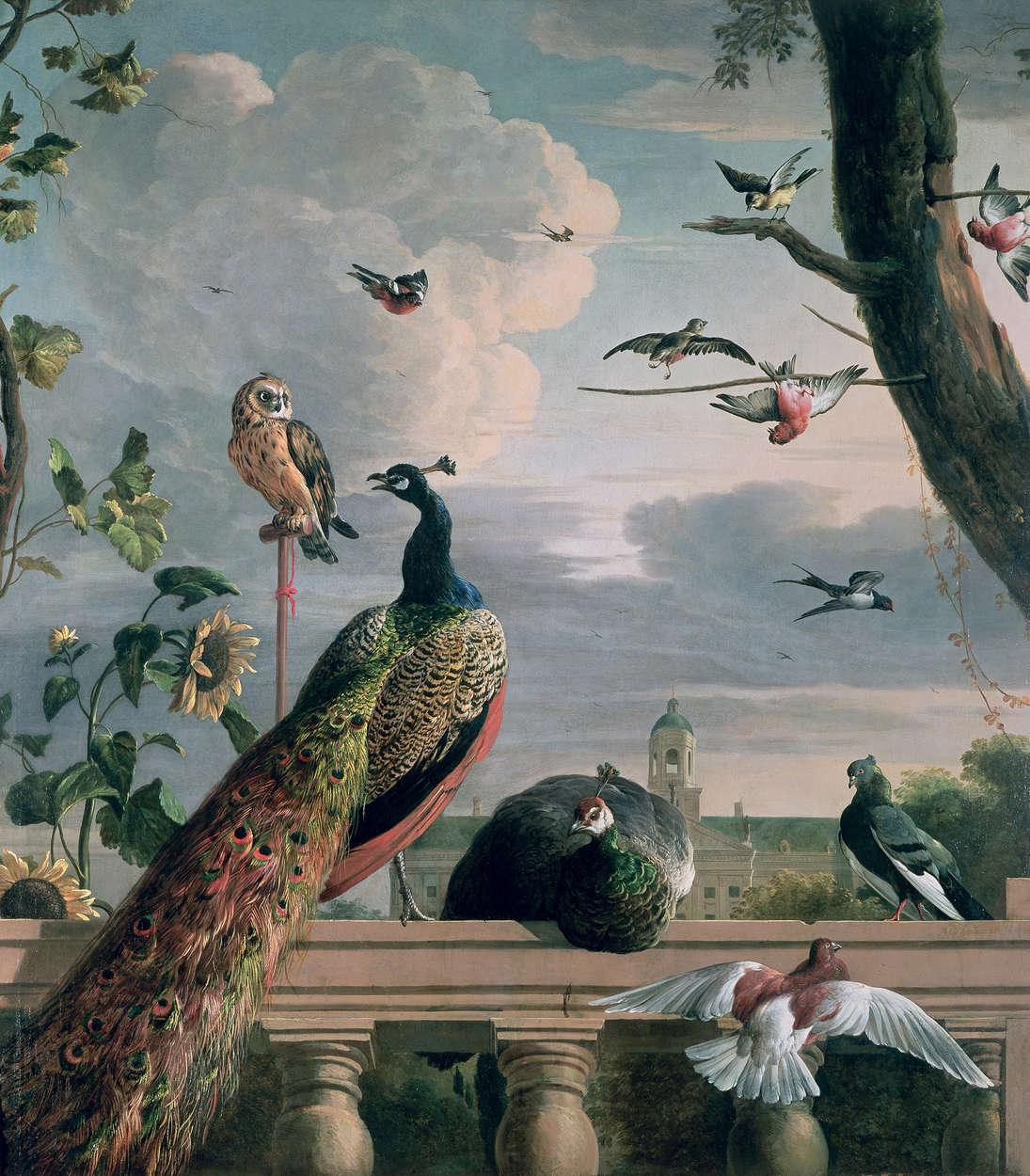             Muurschildering "Paleis Amsterdam met exotische vogels" door Melchoir de Hondecoeter
        
