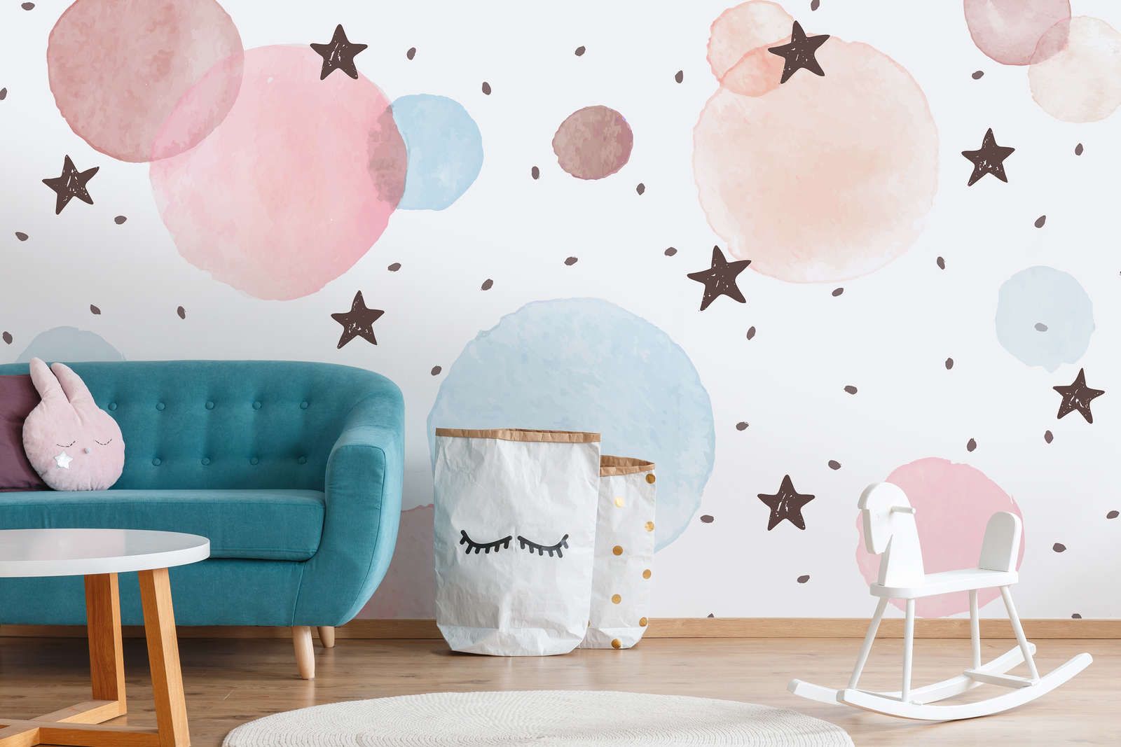             papier peint en papier pour chambre d'enfant avec étoiles, pois et cercles - intissé lisse & nacré
        