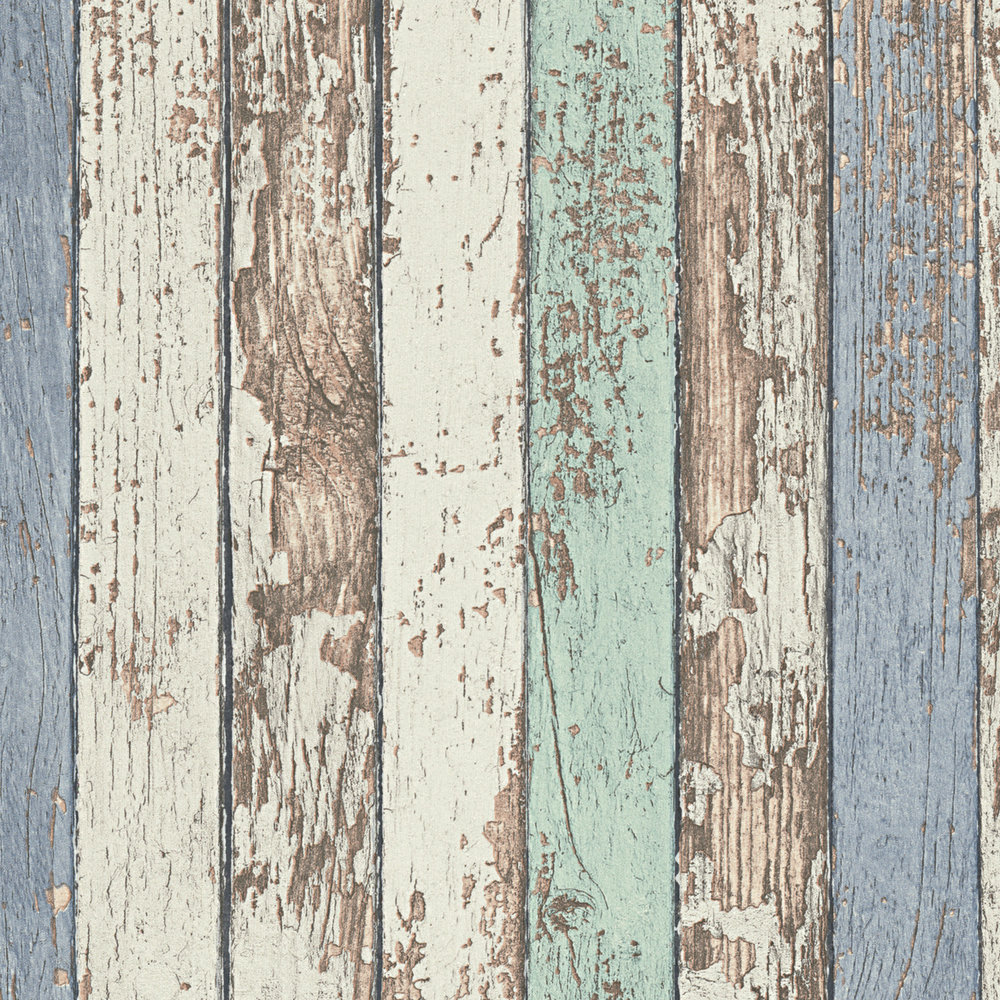             Papel pintado de madera con motivos de tablas de colores en estilo Shabby Chic - blanco, marrón, azul
        