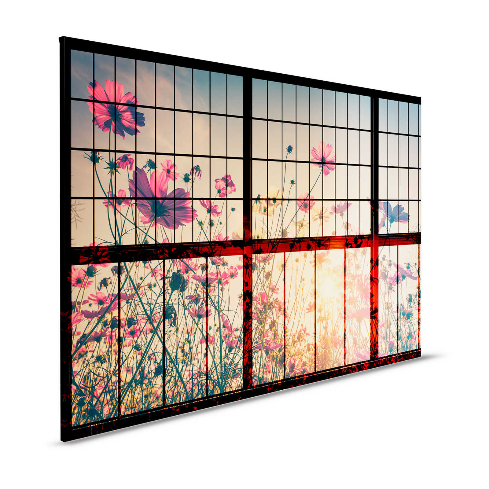 Meadow 1 - Fenêtre à croisillons toile avec pré fleuri - 1,20 m x 0,80 m
