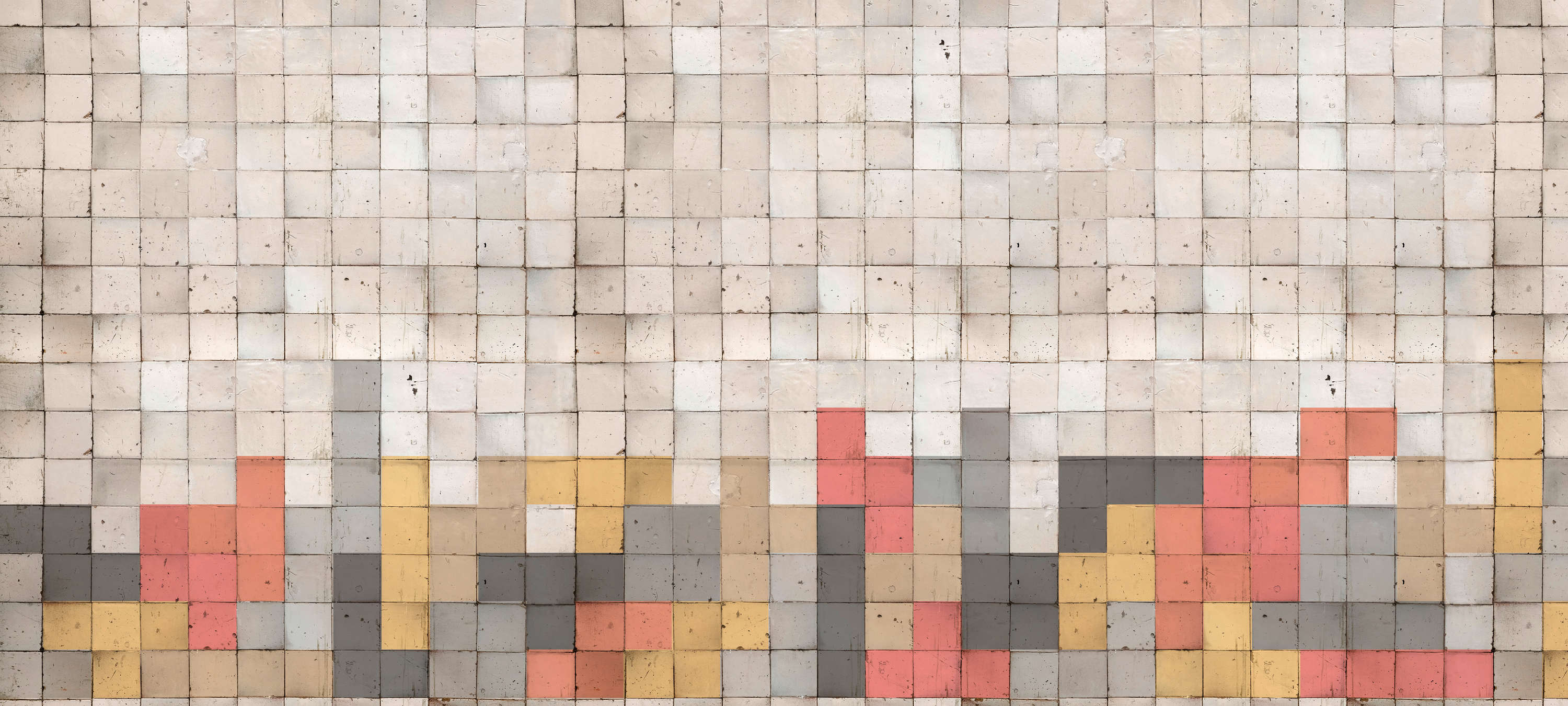             Papel pintado de mosaico con diseño de bloques de hormigón - Gris, naranja, amarillo
        