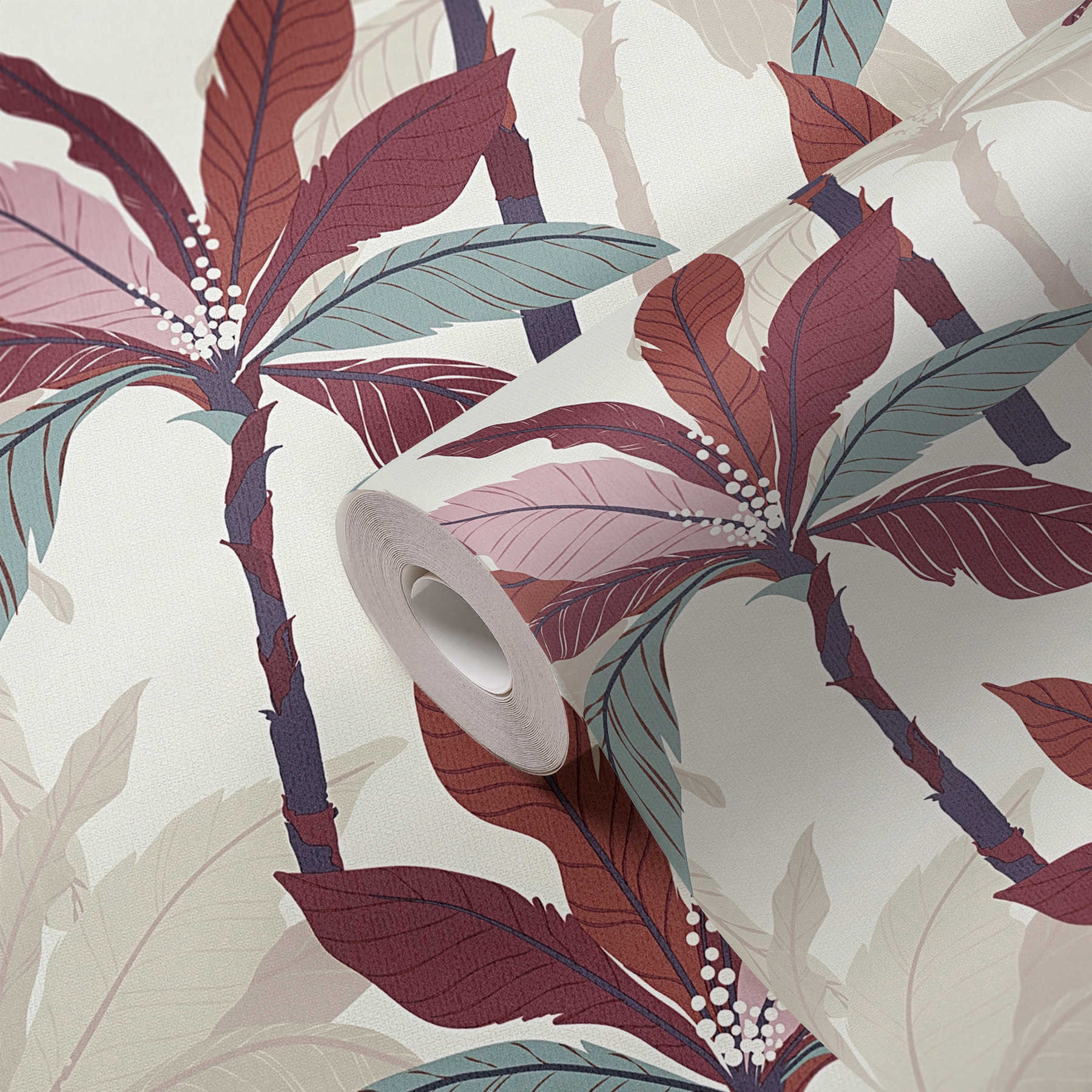             Wallpaper palm tree design, tropical pattern - red, beige, cream
        