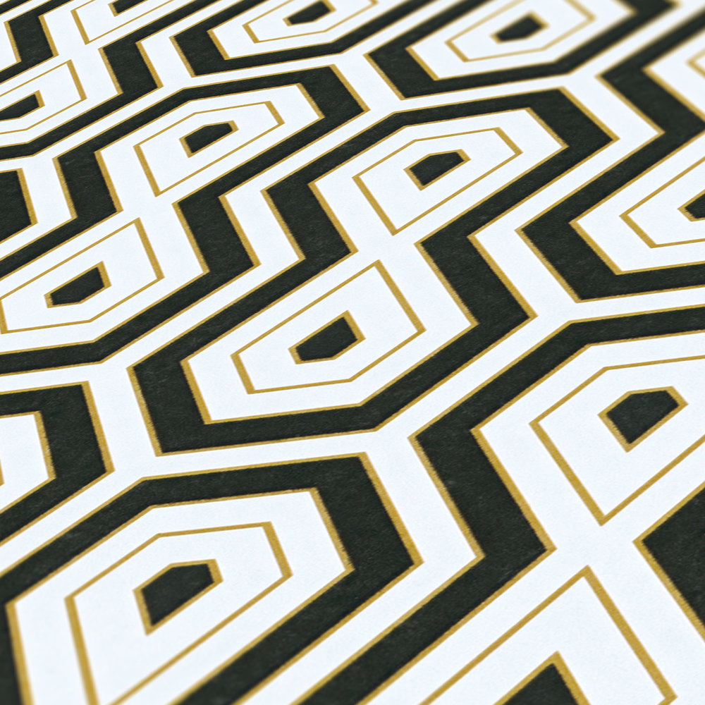             Zwart & Wit Behang met Gouden Accent & Retro Grafisch Ontwerp
        