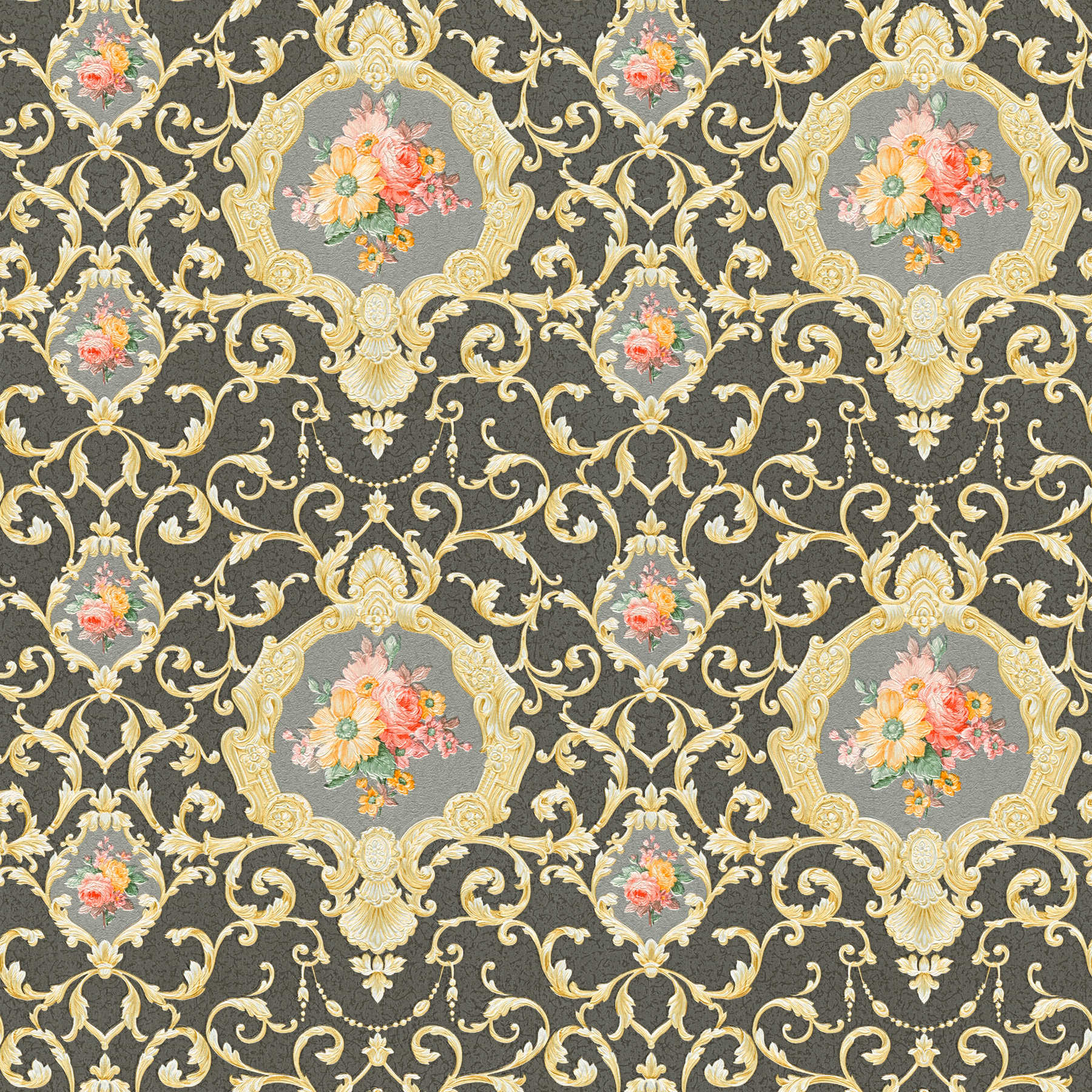 Luxury wallpaper with ornamental pattern & floral bouquet - Metallic, Black

