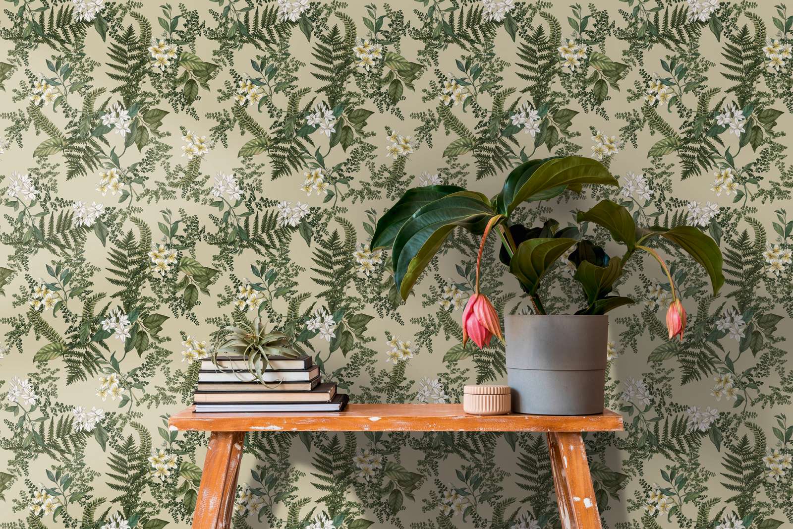             Floral style wallpaper with flowers & grasses textured matt - green, dark green, white
        