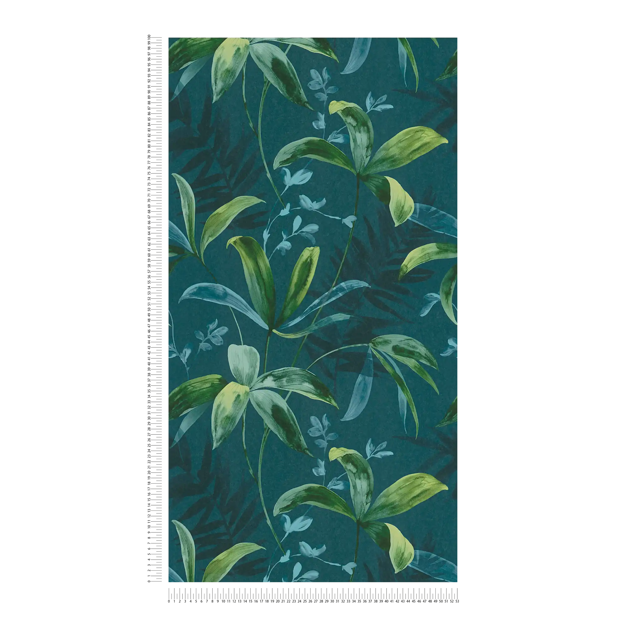             Papel pintado verde oscuro con motivo de hojas en estilo acuarela - Azul, Verde
        