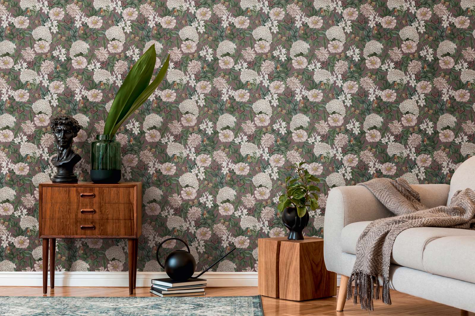             Modern wallpaper floral with flowers & butterflies textured matt - bordeaux, pink, dark green
        