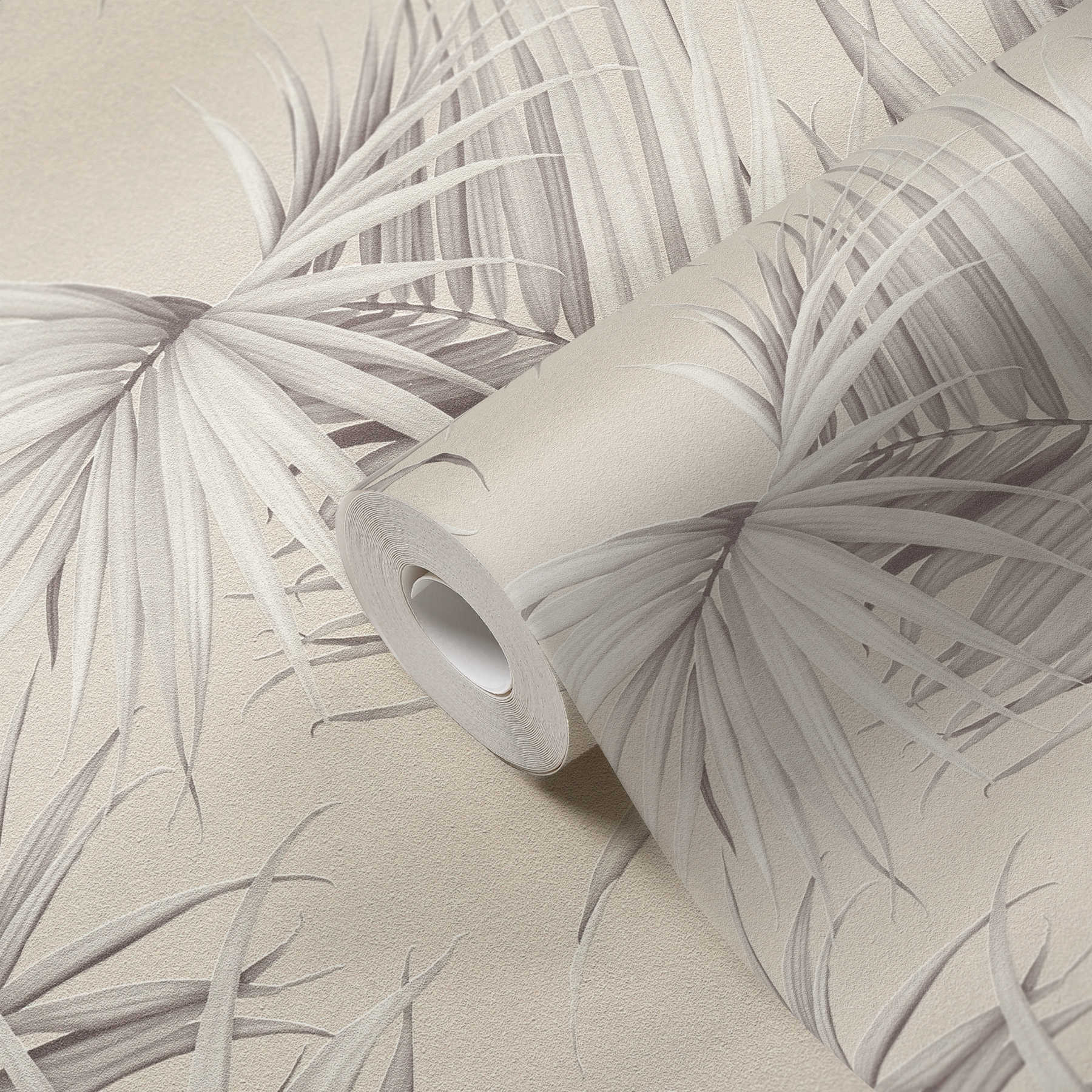             Palm leaves wallpaper with texture effect - beige, grey
        