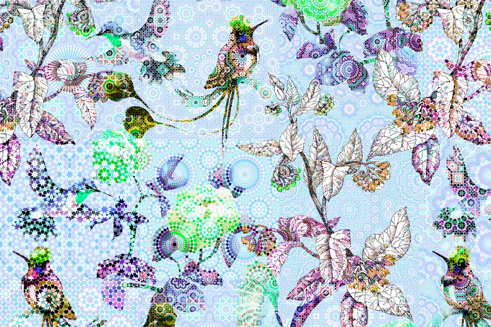             Tableau toile Fleurs & oiseaux style mosaïque - 0,90 m x 0,60 m
        