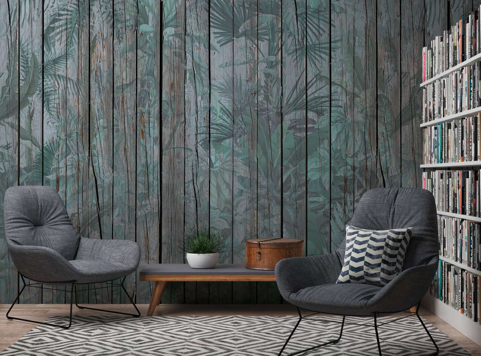             Papier peint mur en bois avec plantes de la jungle - marron, vert
        