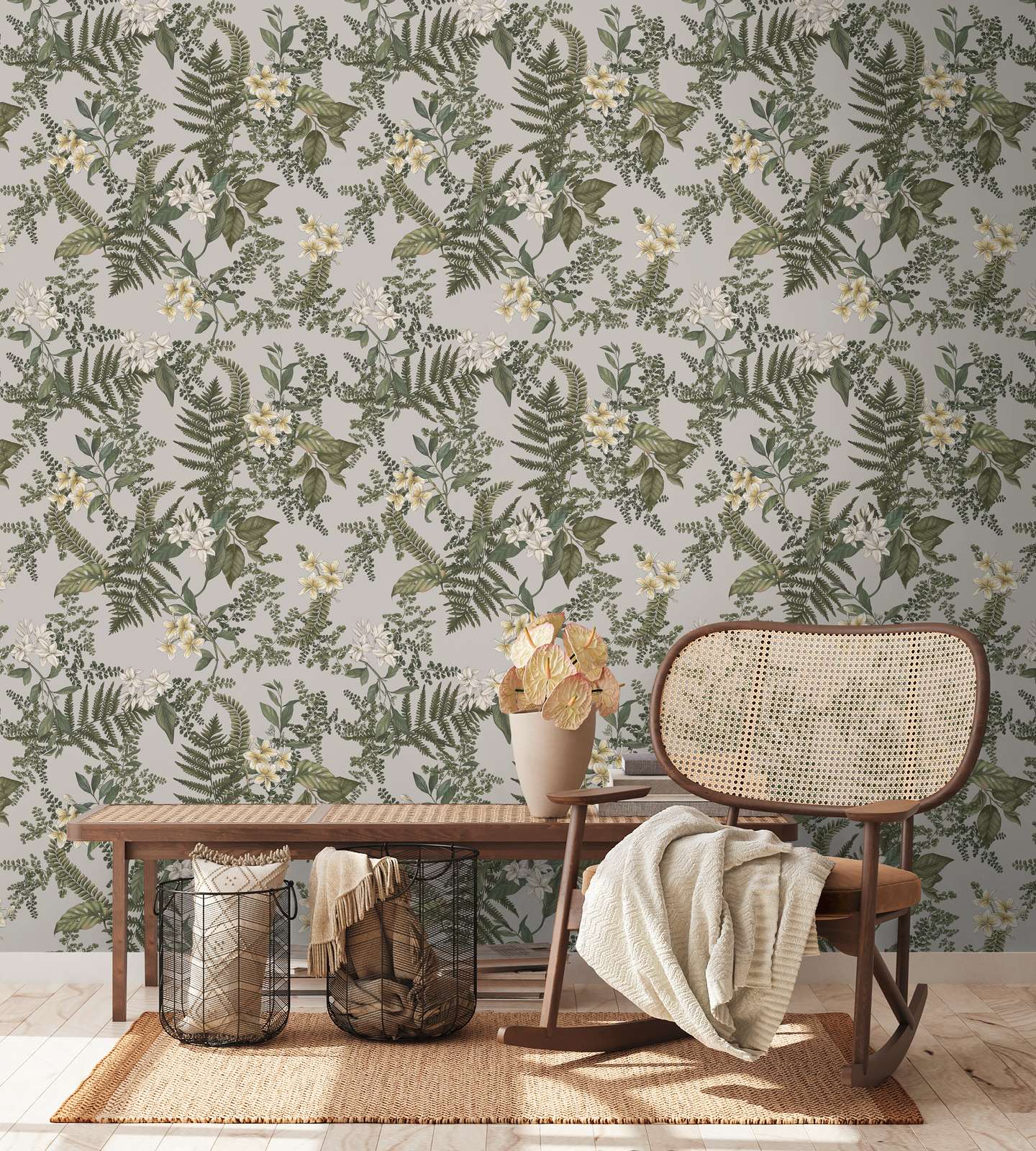             Modern floral style wallpaper with flowers & grasses textured matt - grey, dark green, white
        