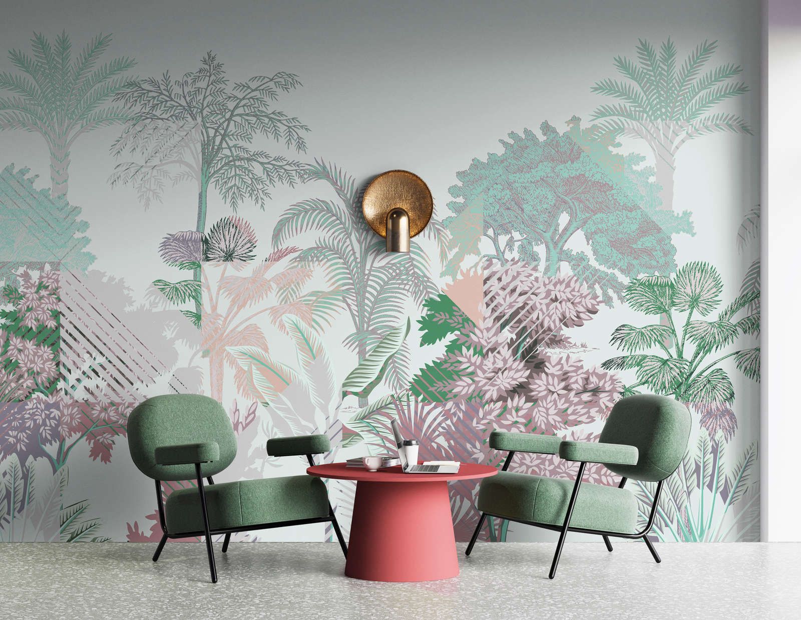             Photo wallpaper »esplanade 1« - Jungle patchwork with shrubs - Green, Pink | Smooth, slightly shiny premium non-woven fabric
        