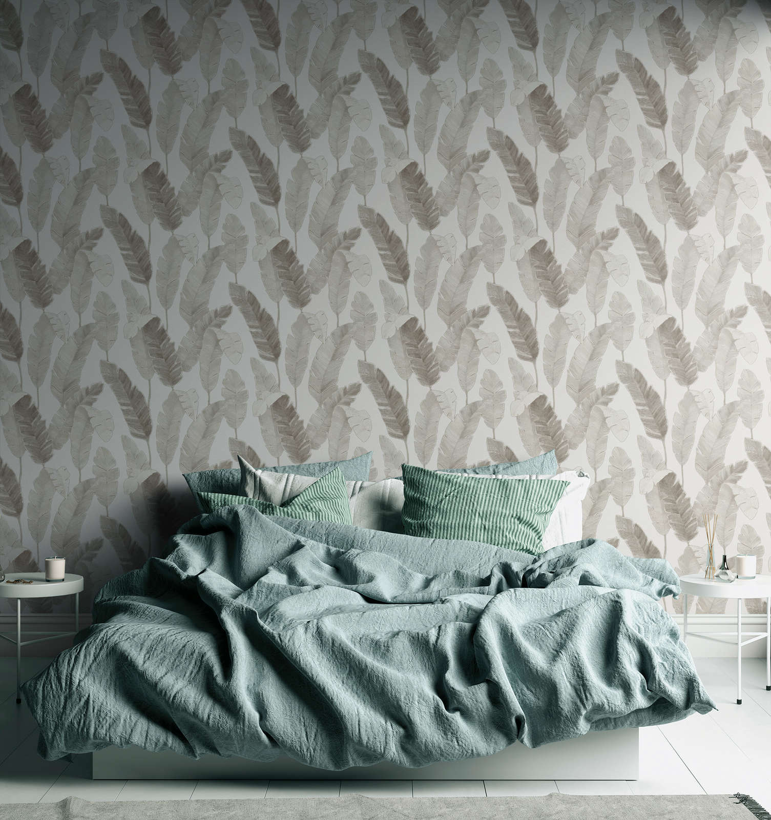             Non-woven wallpaper with subtle palm leaves - white, beige, grey
        