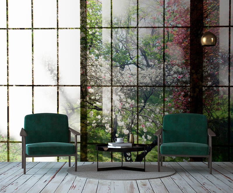             Orchard 2 - Papier peint, fenêtre avec vue sur le jardin - vert, rose | Intissé lisse mat
        