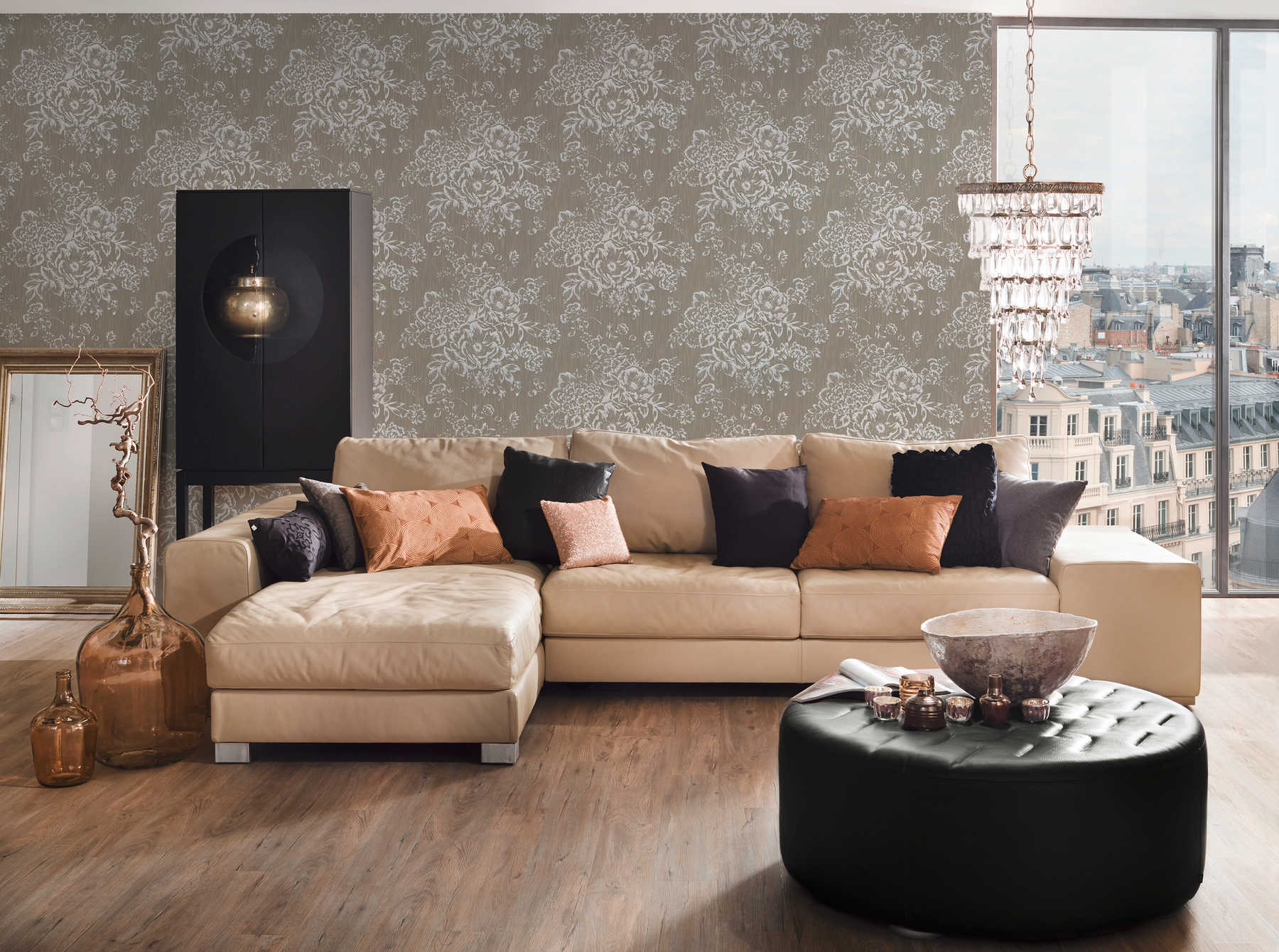             Textured wallpaper with silver floral pattern - silver, brown
        
