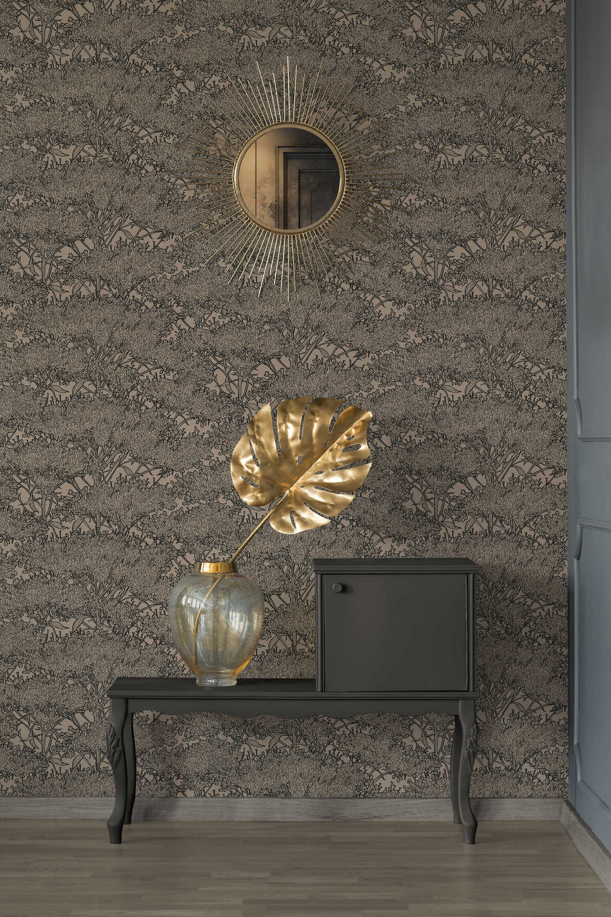             Floral wallpaper in beige with black contours - brown, grey, beige
        
