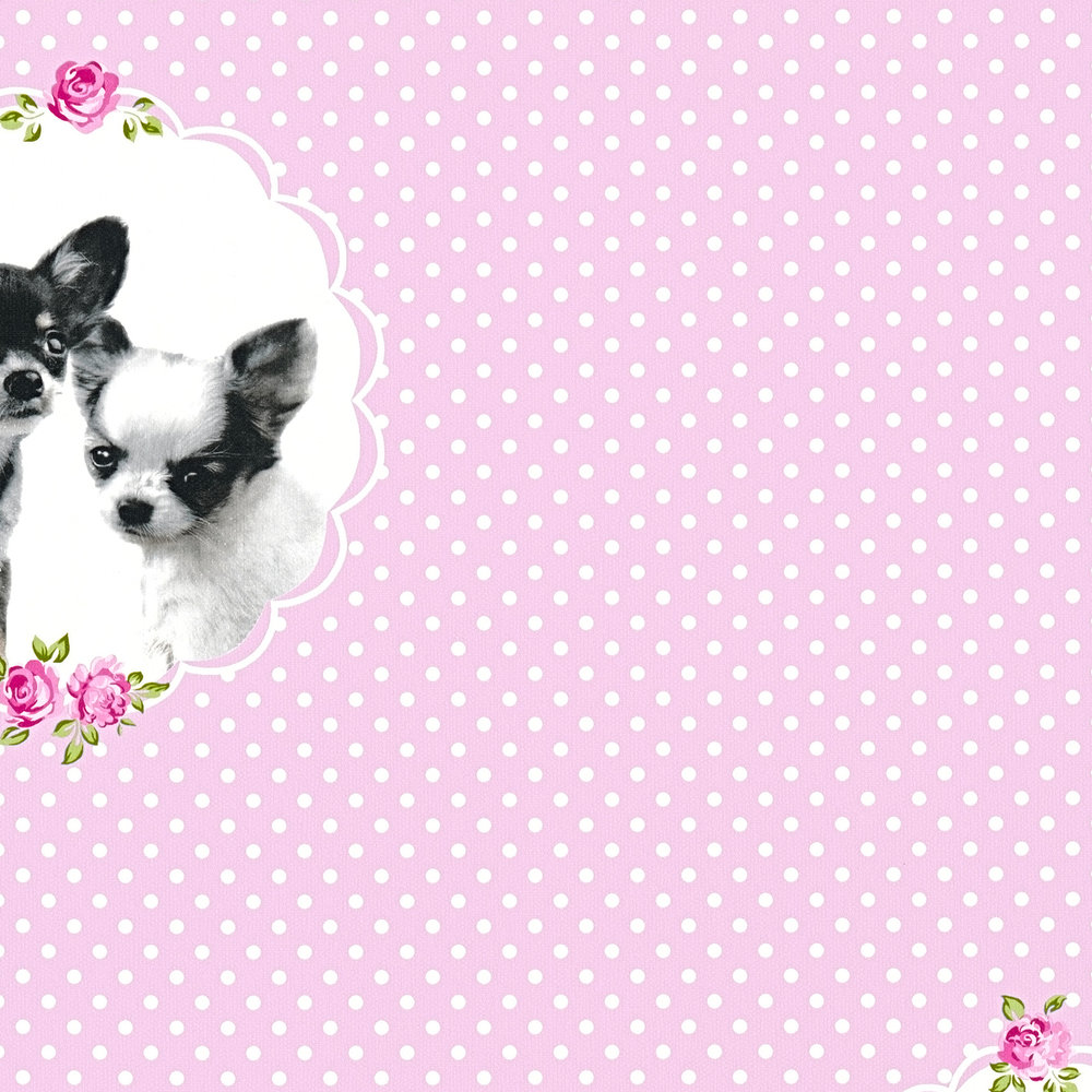             Carta da parati rosa a pois con ritratti di cani - Rosa
        