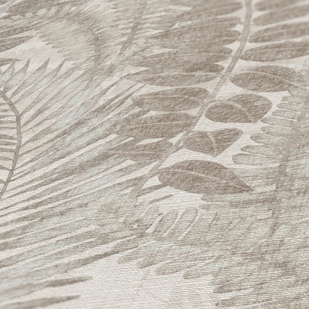             papier peint en papier intissé floral avec feuilles de fougère légèrement structuré, mat - gris, beige, taupe
        