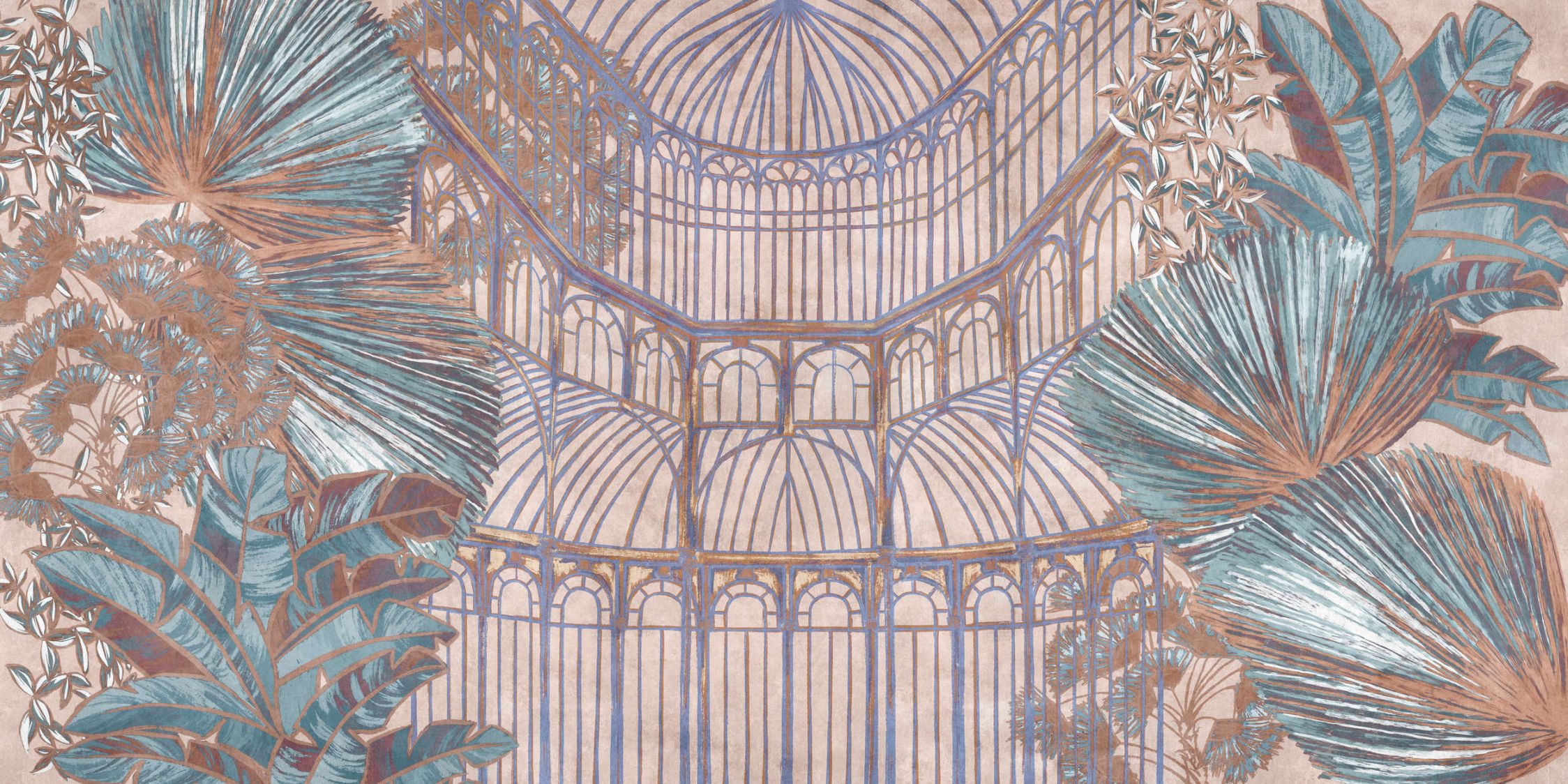             papier peint en papier panoramique »orangerie 2« - Pavillon avec feuilles de la jungle sur structure d'enduit vintage - rose, turquoise | Intissé premium lisse et légèrement brillant
        