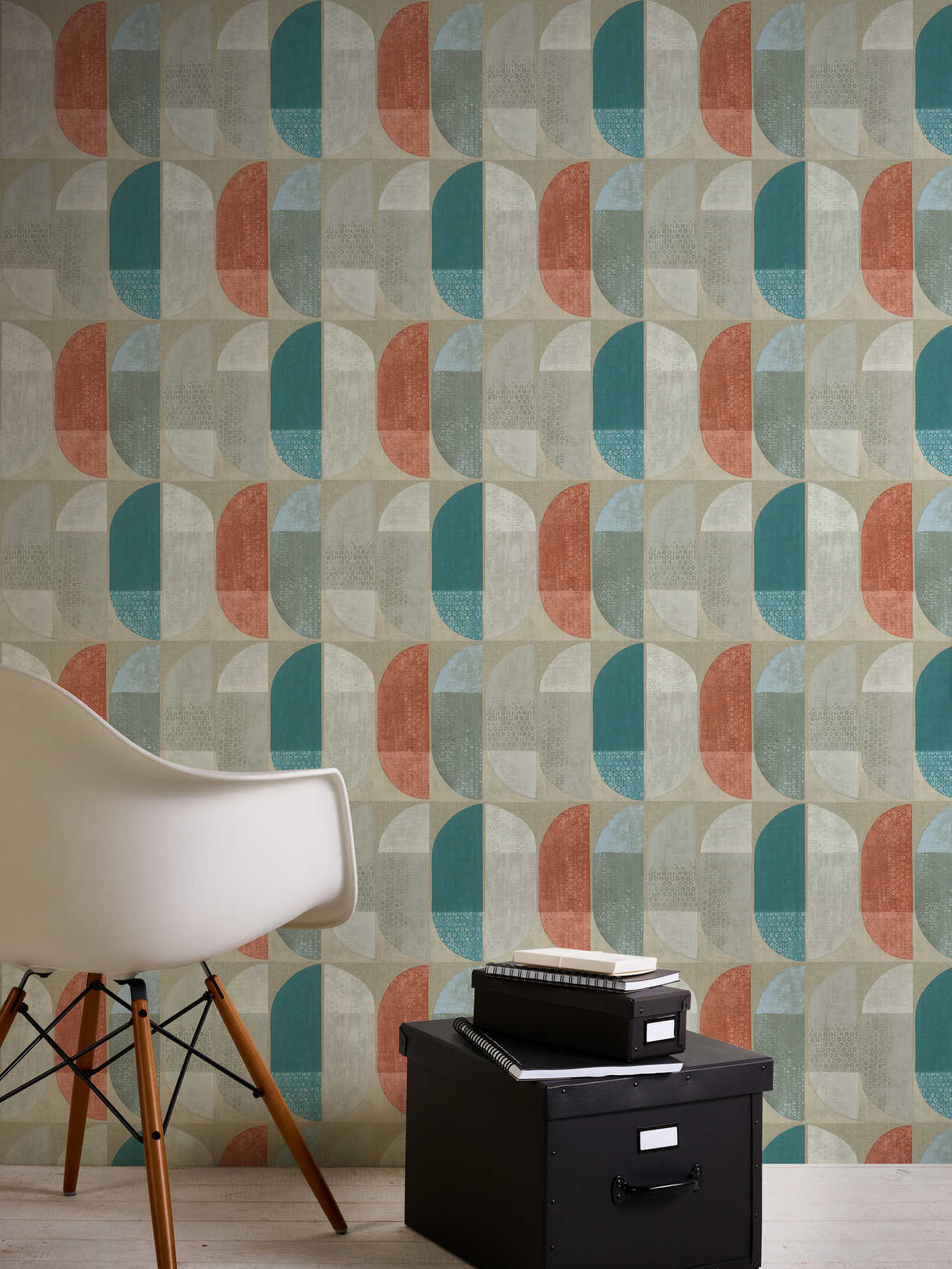             Wallpaper geometric retro pattern, Scandinavian style - beige, red, blue
        