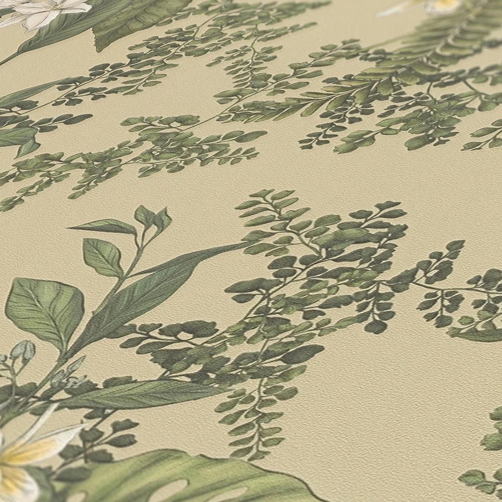             Papel pintado estilo floral con flores y hierbas textura mate - verde, verde oscuro, blanco
        