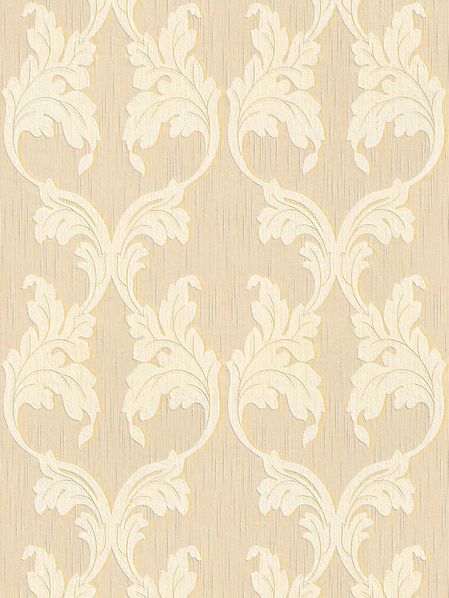 Textile wallpaper with baroque tendrils - beige, yellow
