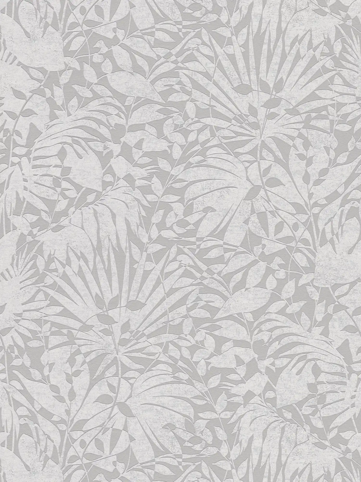 Papier peint gris à feuilles avec détails structurés et effet métallique
