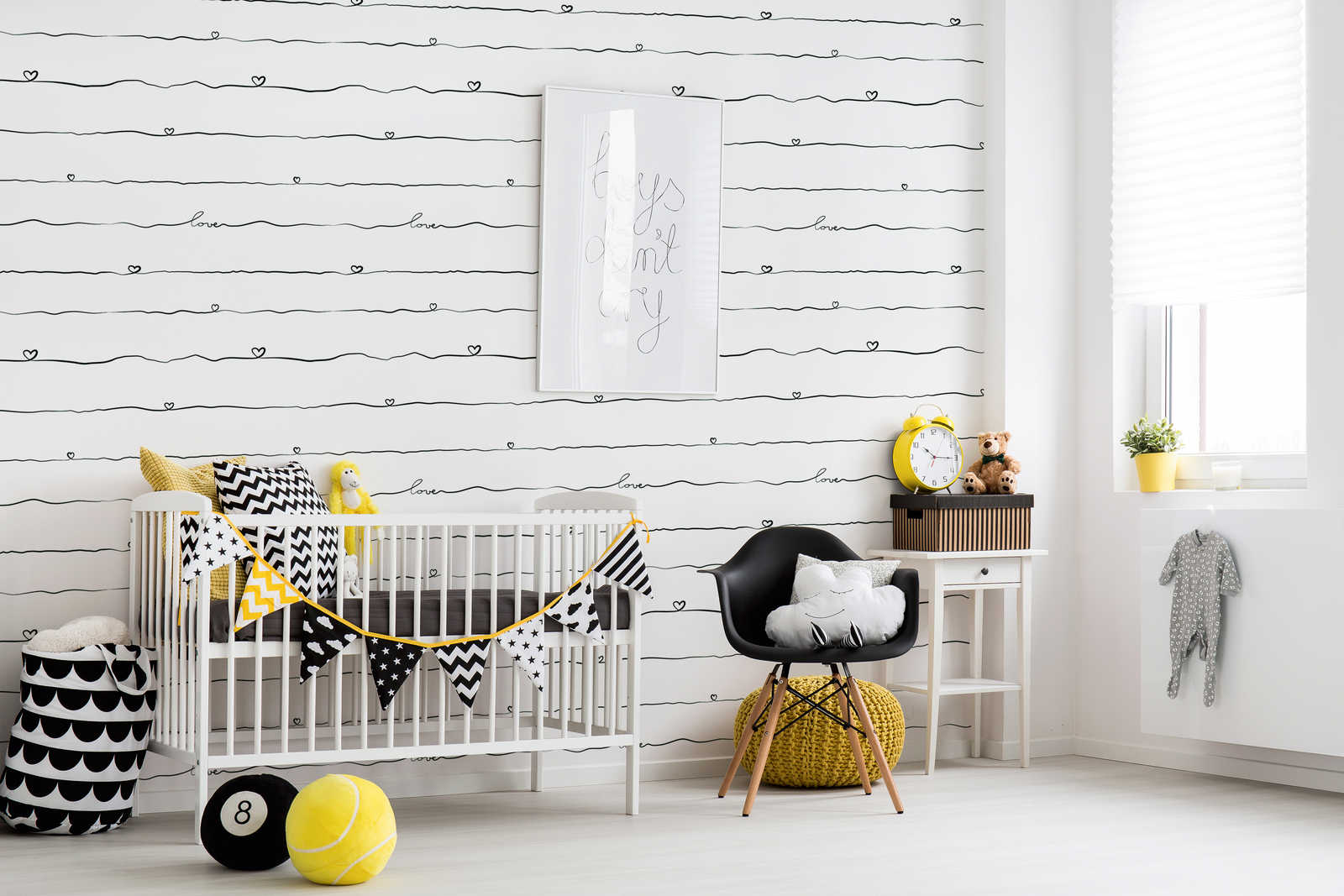             Wallpaper nursery stripes & hearts - black, white
        
