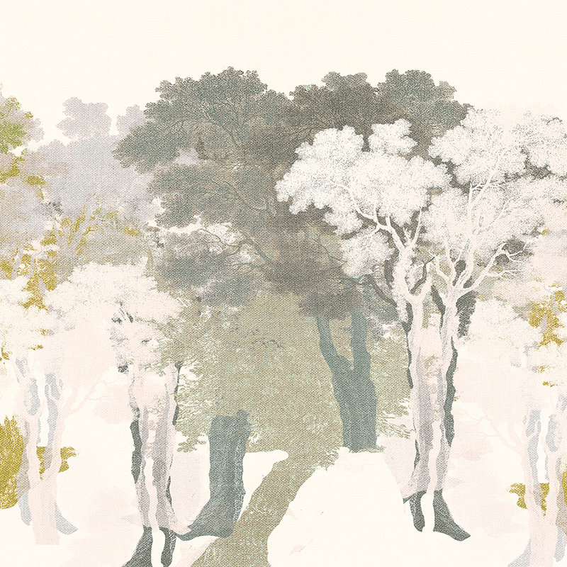 Papier peint Arbres, design de forêt & aspect lin - vert, gris, blanc
