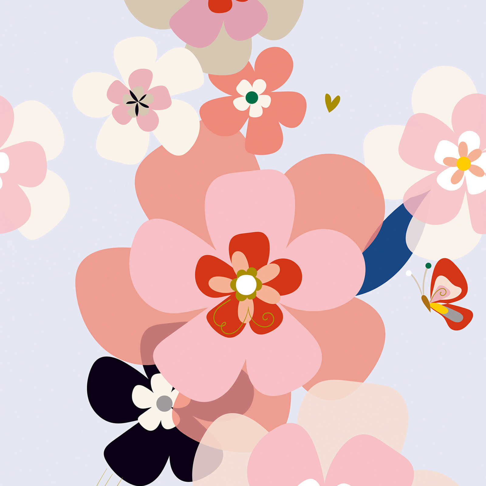 Carta da parati a grandi motivi floreali in stile minimalista - multicolore, rosa, lilla
