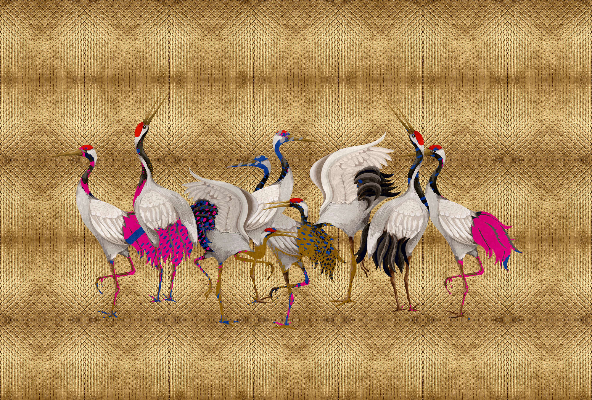            Land van Geluk 1 - Metallic goud behang met kleurrijk kraanvogelmotief
        