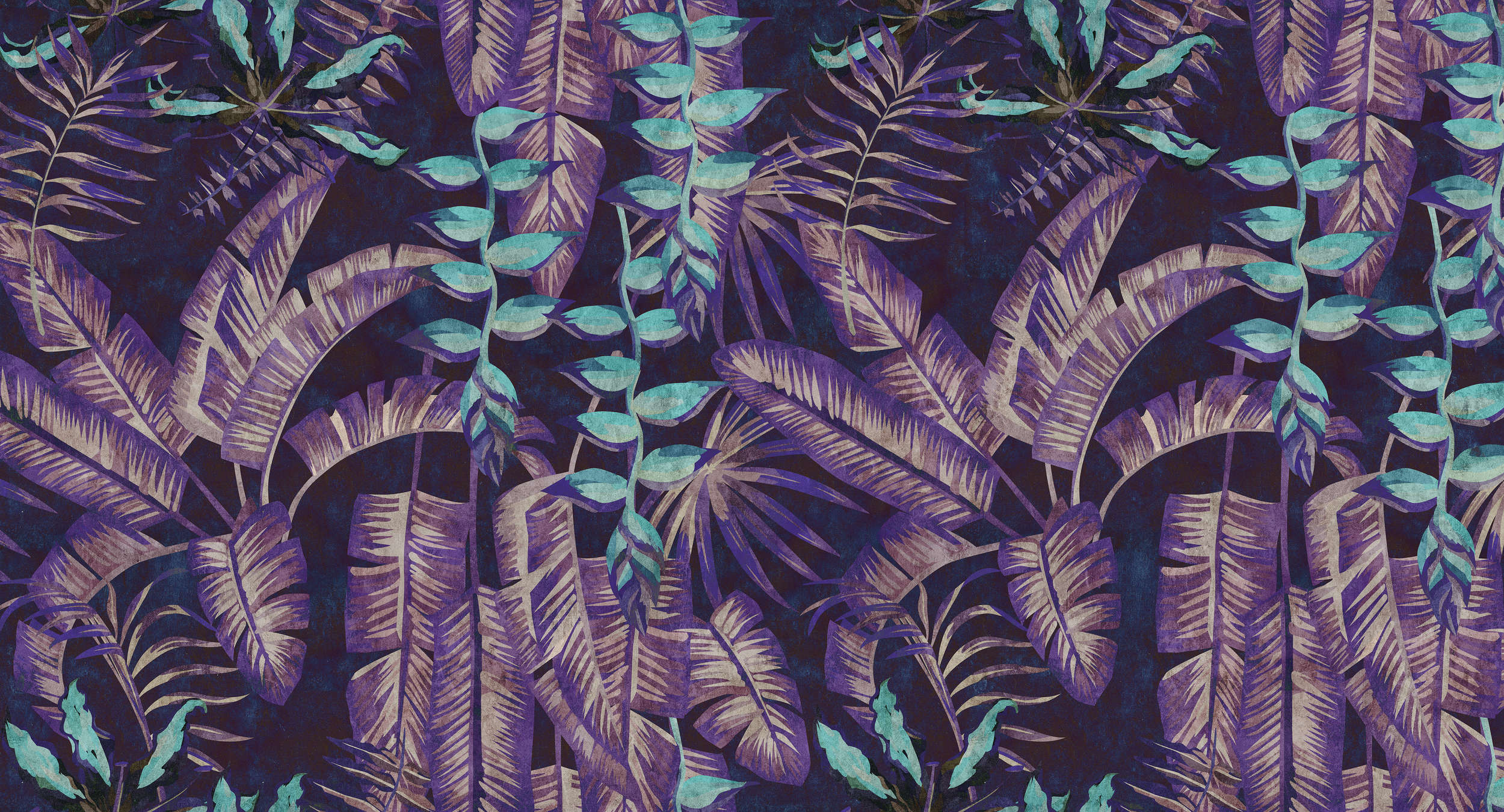             Tropicana 6 - digitale print behang in vloeipapier structuur met jungle motief - turquoise, violet | structuur vlieseline
        