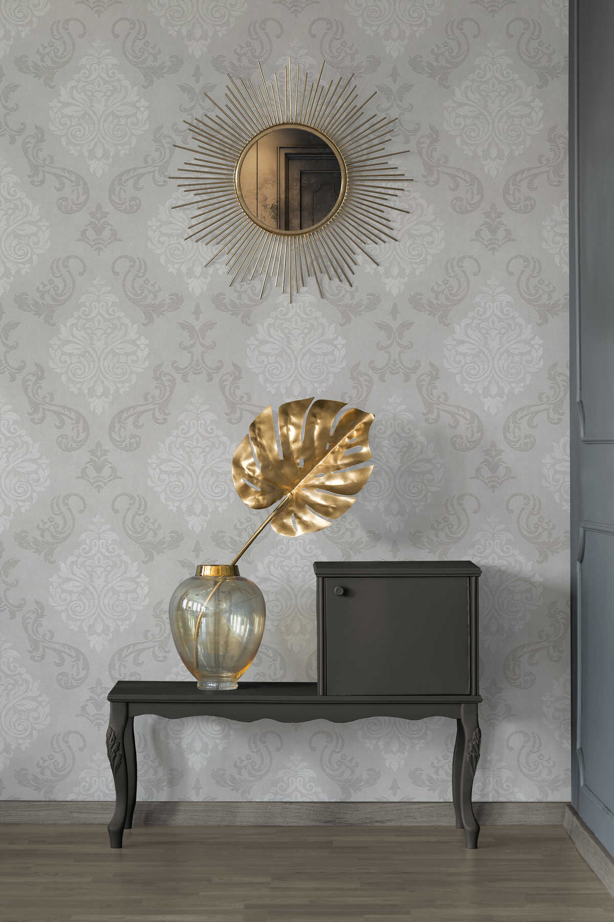             Ornamenten behang in barokstijl met glittereffect - beige, crème, metallic
        
