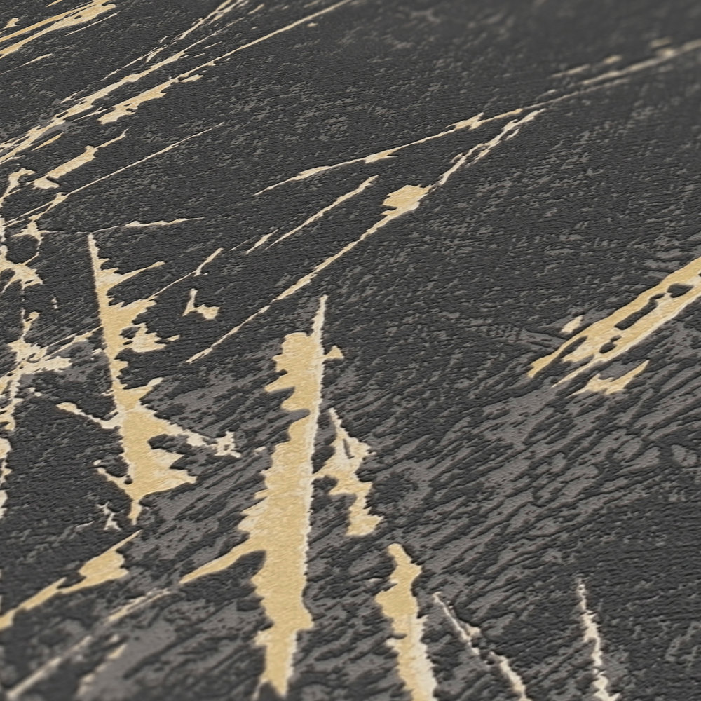             Papel pintado no tejido con aspecto de escayola y detalles dorados - negro, dorado, metalizado
        