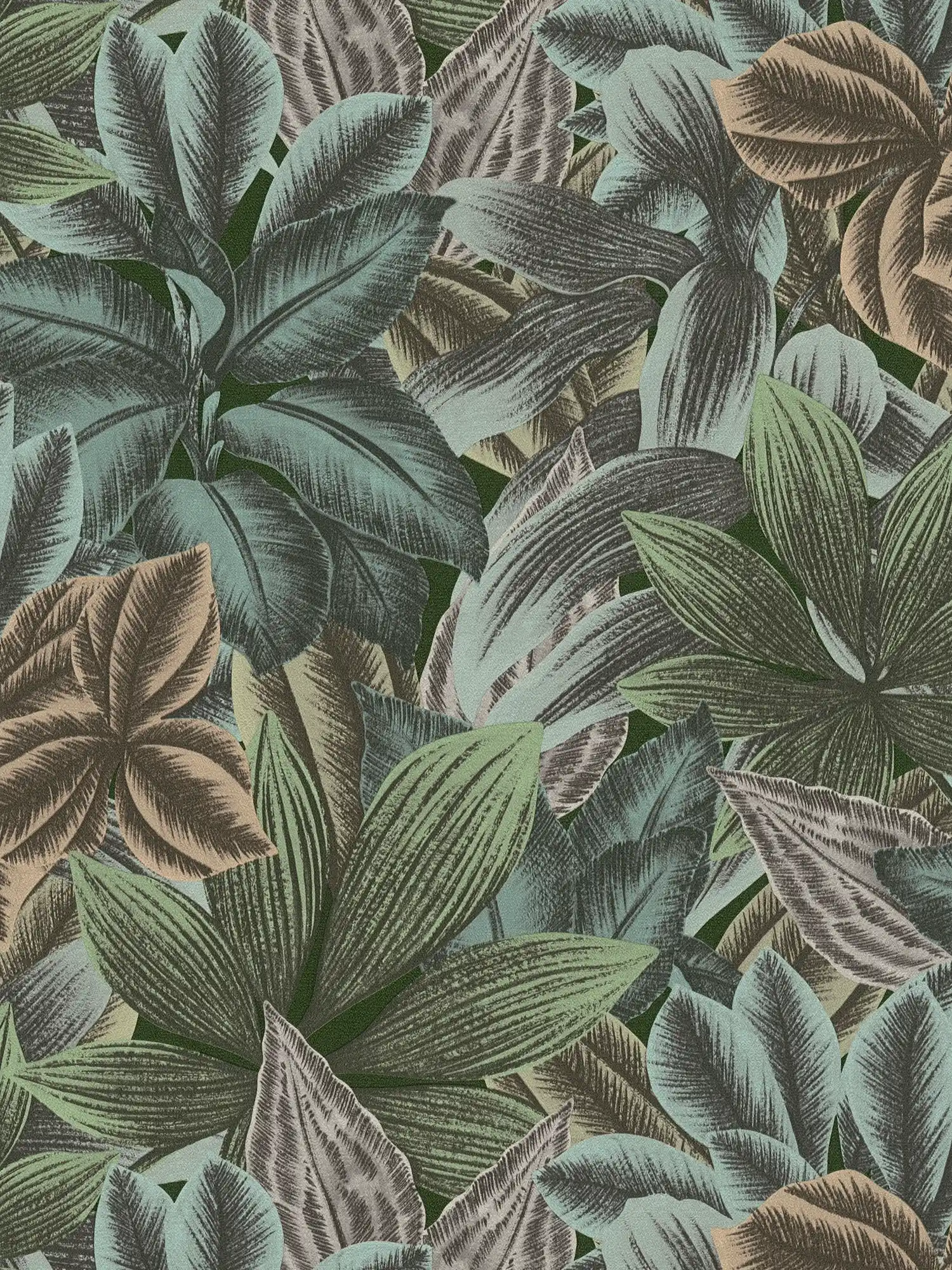 Bladpatroon behang met tropische look - groen, blauw, grijs

