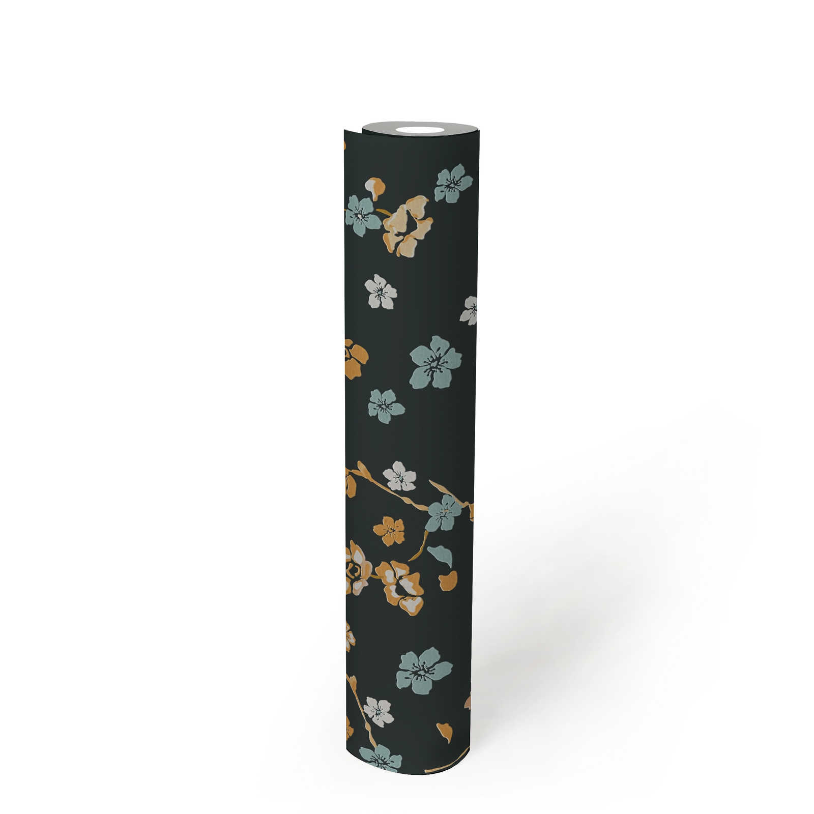             Floral wallpaper with glossy effect & textured pattern - black, gold, turquoise
        