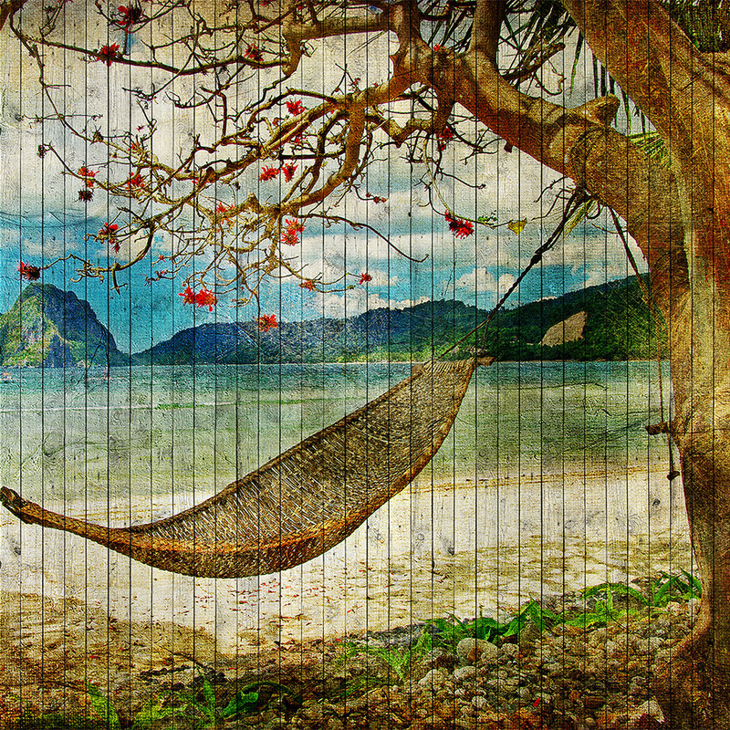 Tahiti 2 - Wooden panel mural with hammock & South Seas beach - Beige, Blue | Matt smooth non-woven
