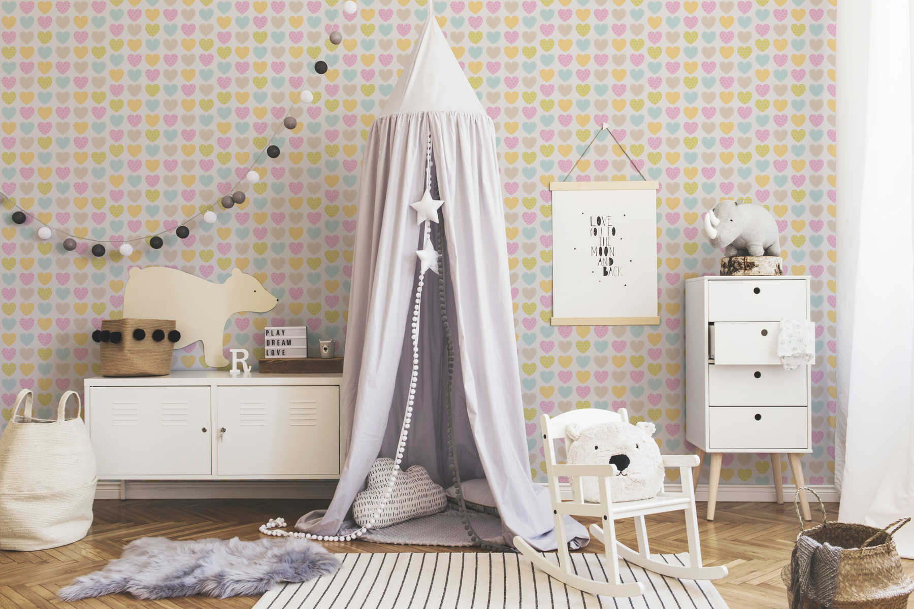             Papier peint pastel avec des coeurs pour chambre d'enfant - multicolore, blanc
        