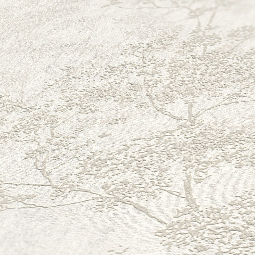             papel pintado con hojas en aspecto de lino - beige, crema, gris
        