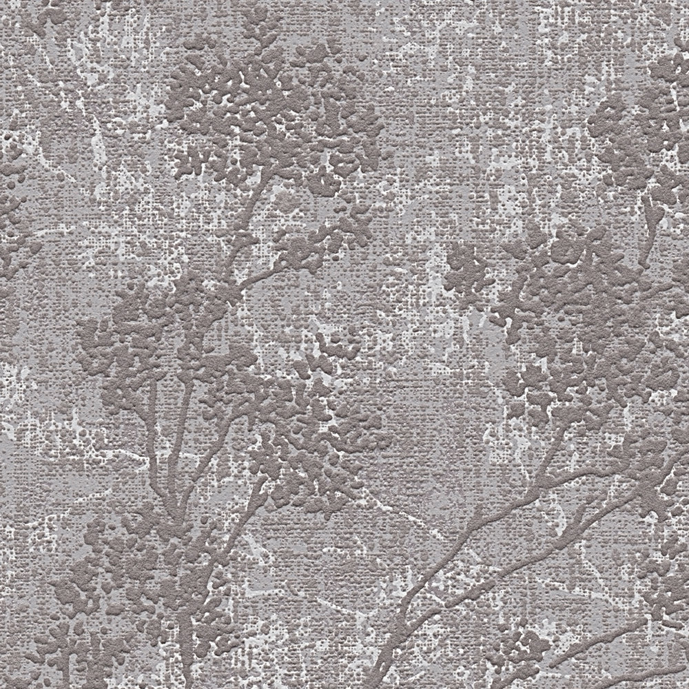             papel pintado con hojas en aspecto de lino - gris, marrón
        