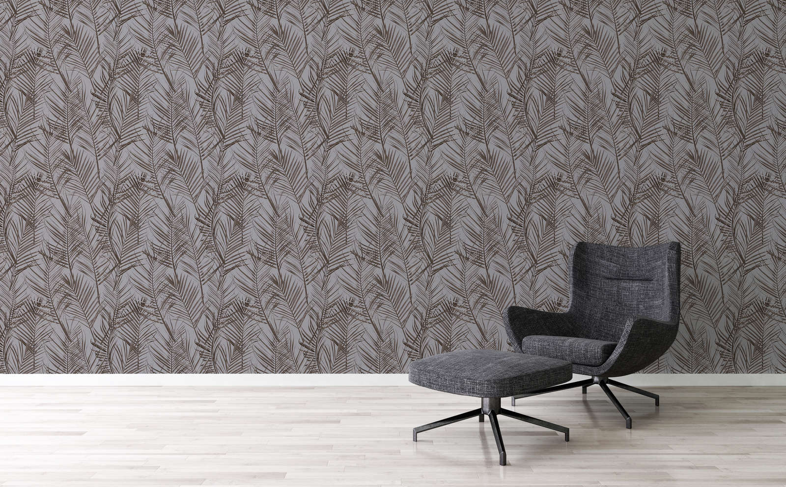             Floral wallpaper with palm pattern in matt - grey, brown
        