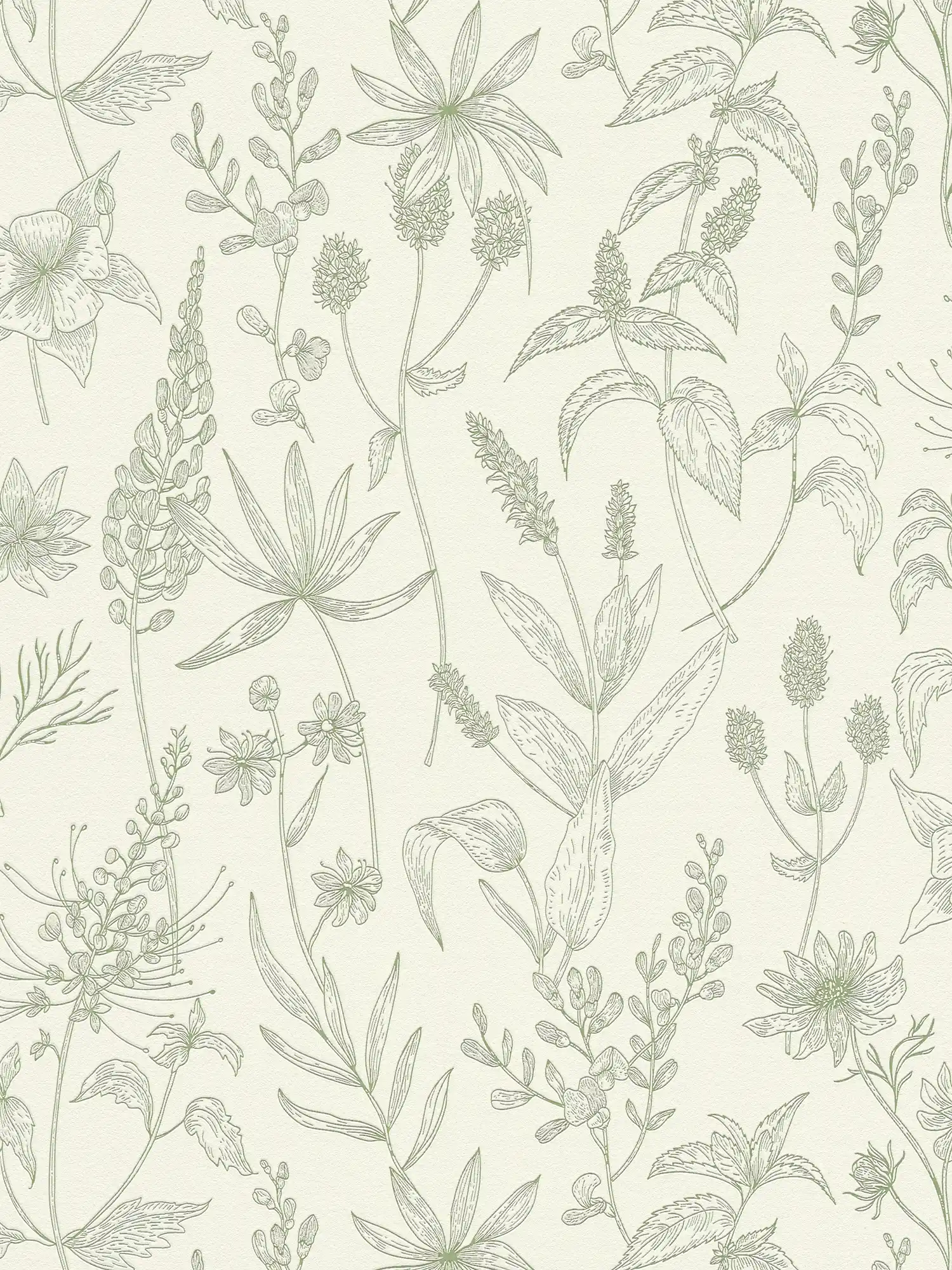 Non-woven wallpaper with floral pattern and metallic accent - green, silver, white
