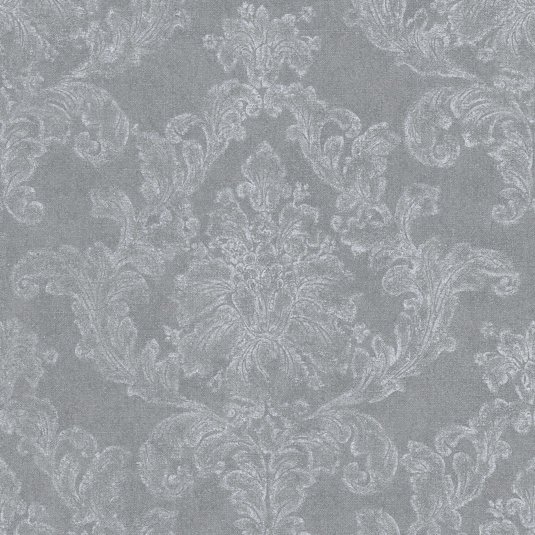 Ornament wallpaper in country style with textile look - grey, white
