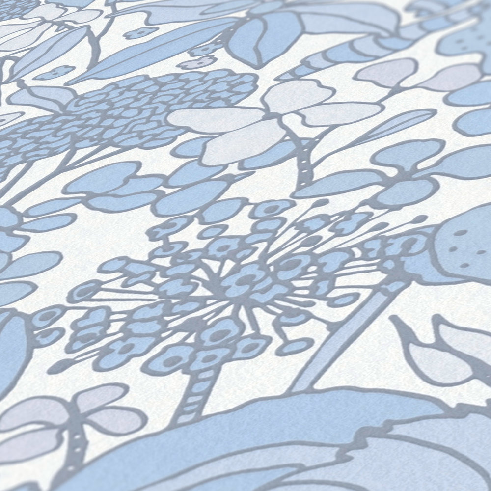             Papel pintado azul y blanco con motivos florales de los años 70 - gris, azul, blanco
        