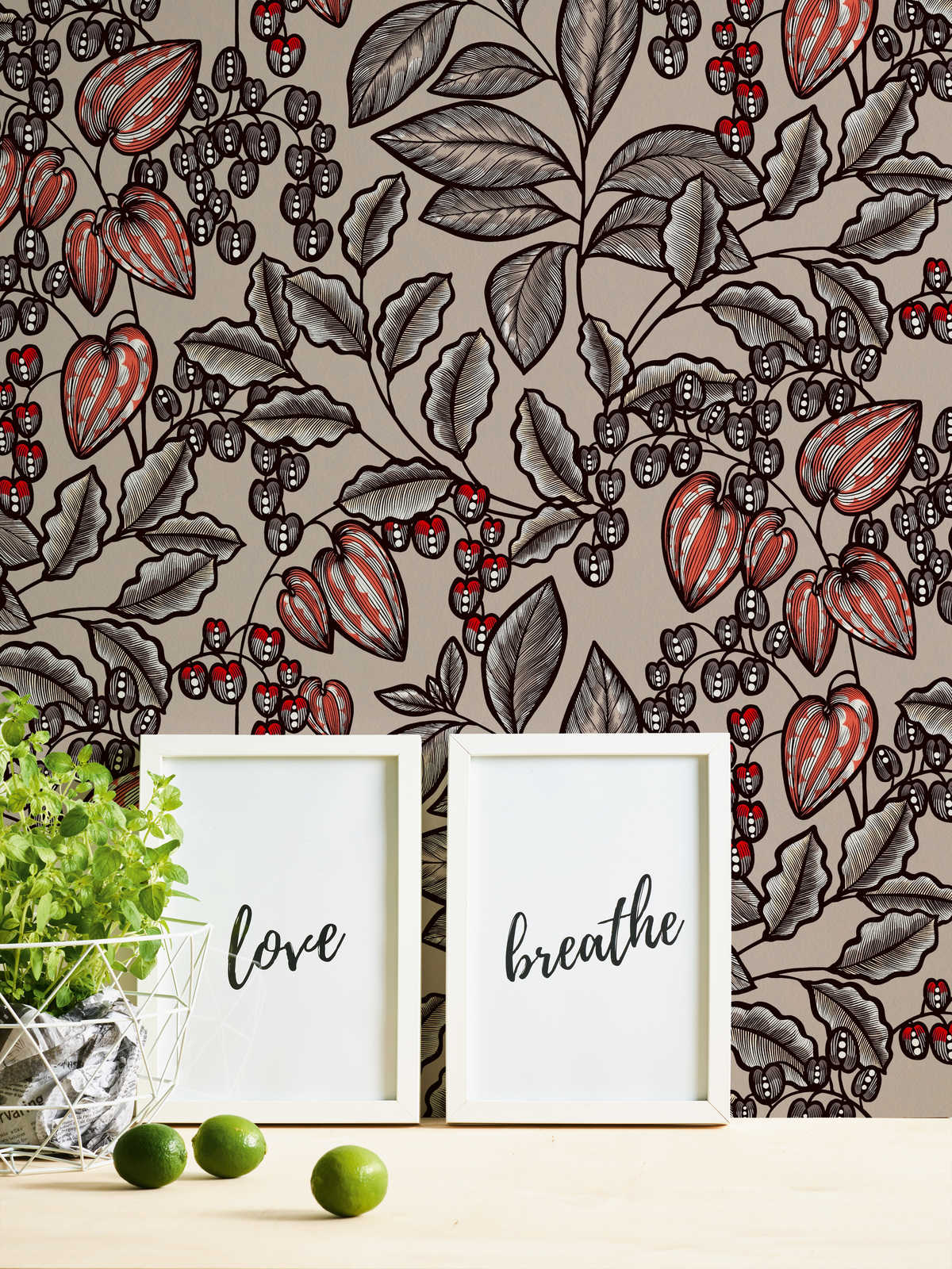             behang greige modern bloemen & bladeren design - bruin, grijs, rood
        